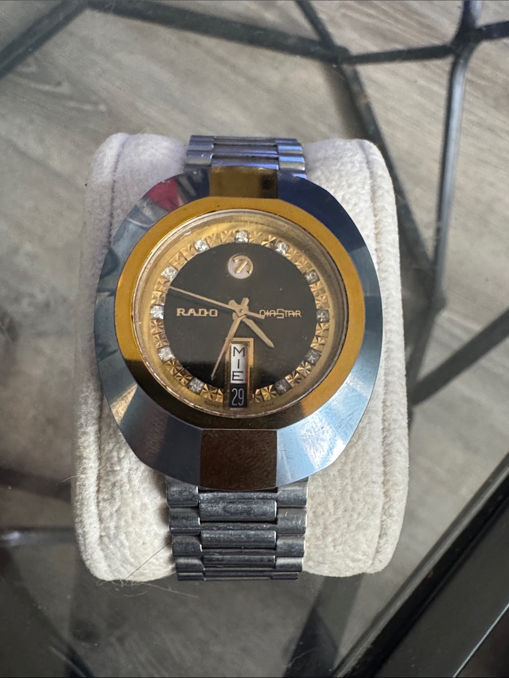 Rado Diastar Two-Tone Black and Gold Dial Watch vintage 70’s scratch proof case